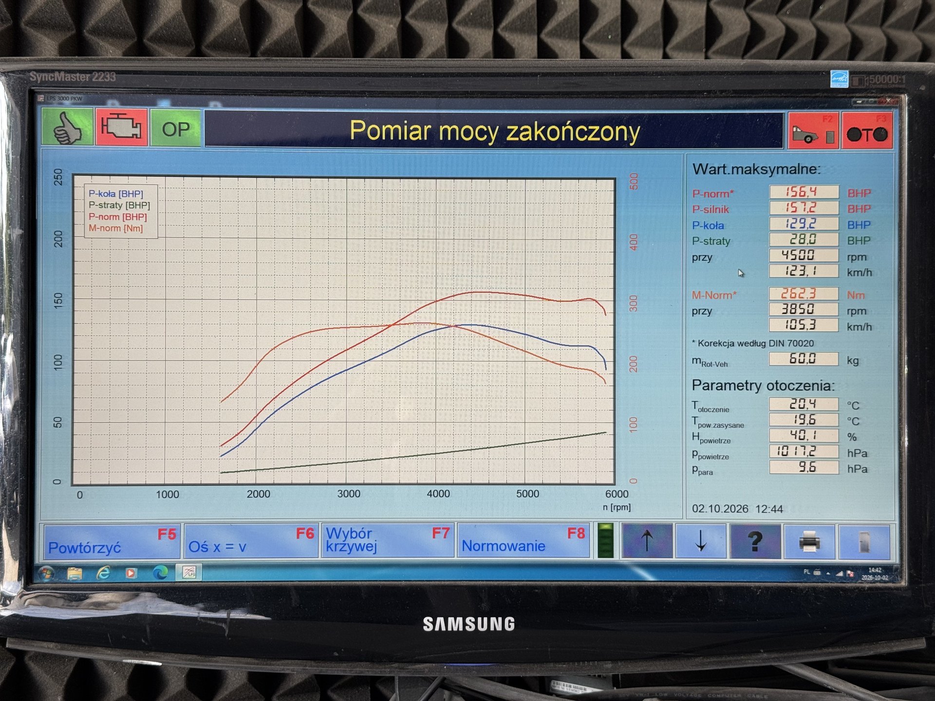 Ekran hamowni MAHA — Audi A5 35 TFSI przed chiptuningiem: 156,4 KM i 262,3 Nm