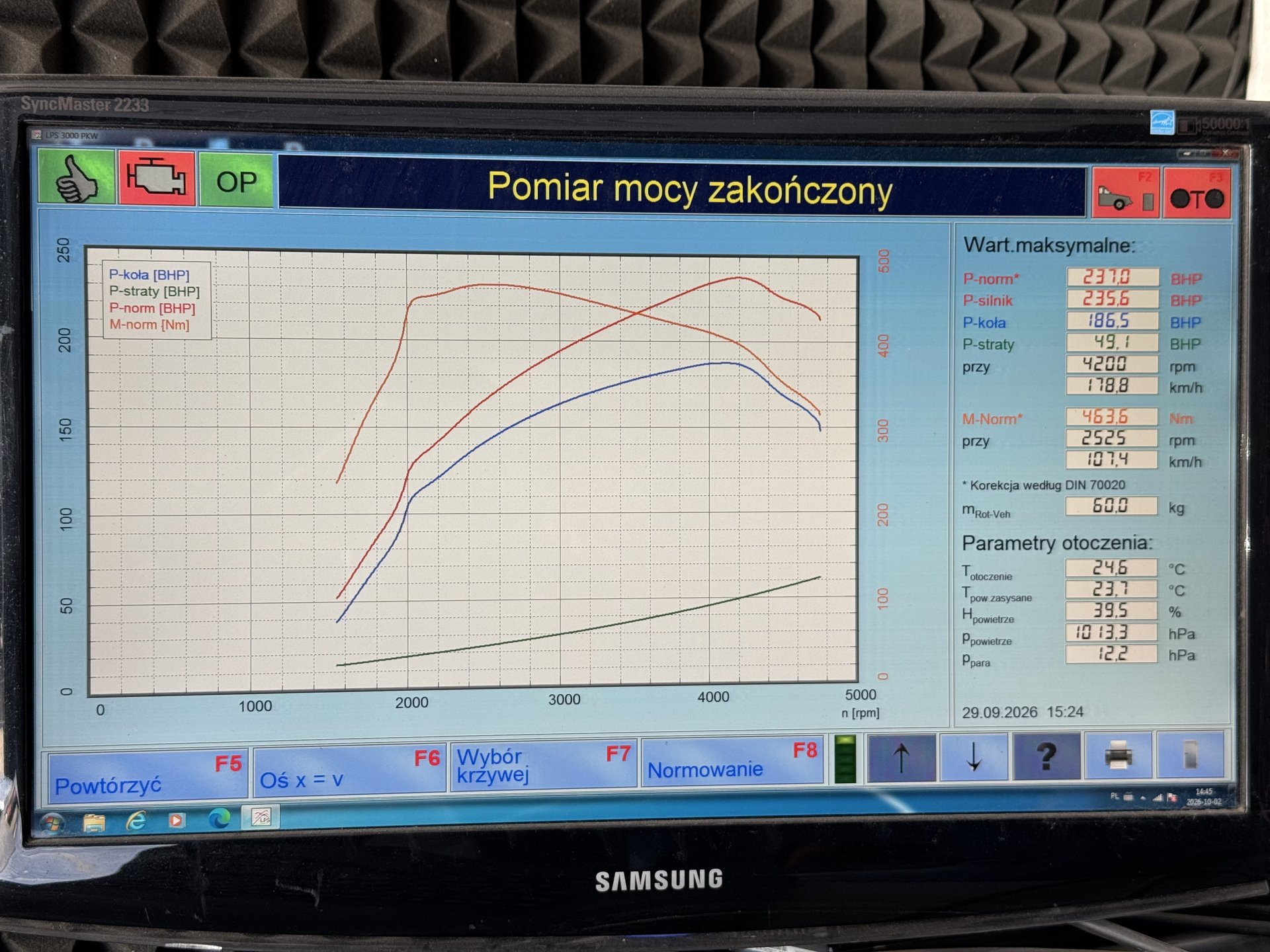 Ekran hamowni MAHA — BMW 520d xDrive G60 po chiptuningu Stage 1: 237,0 KM i 463,6 Nm