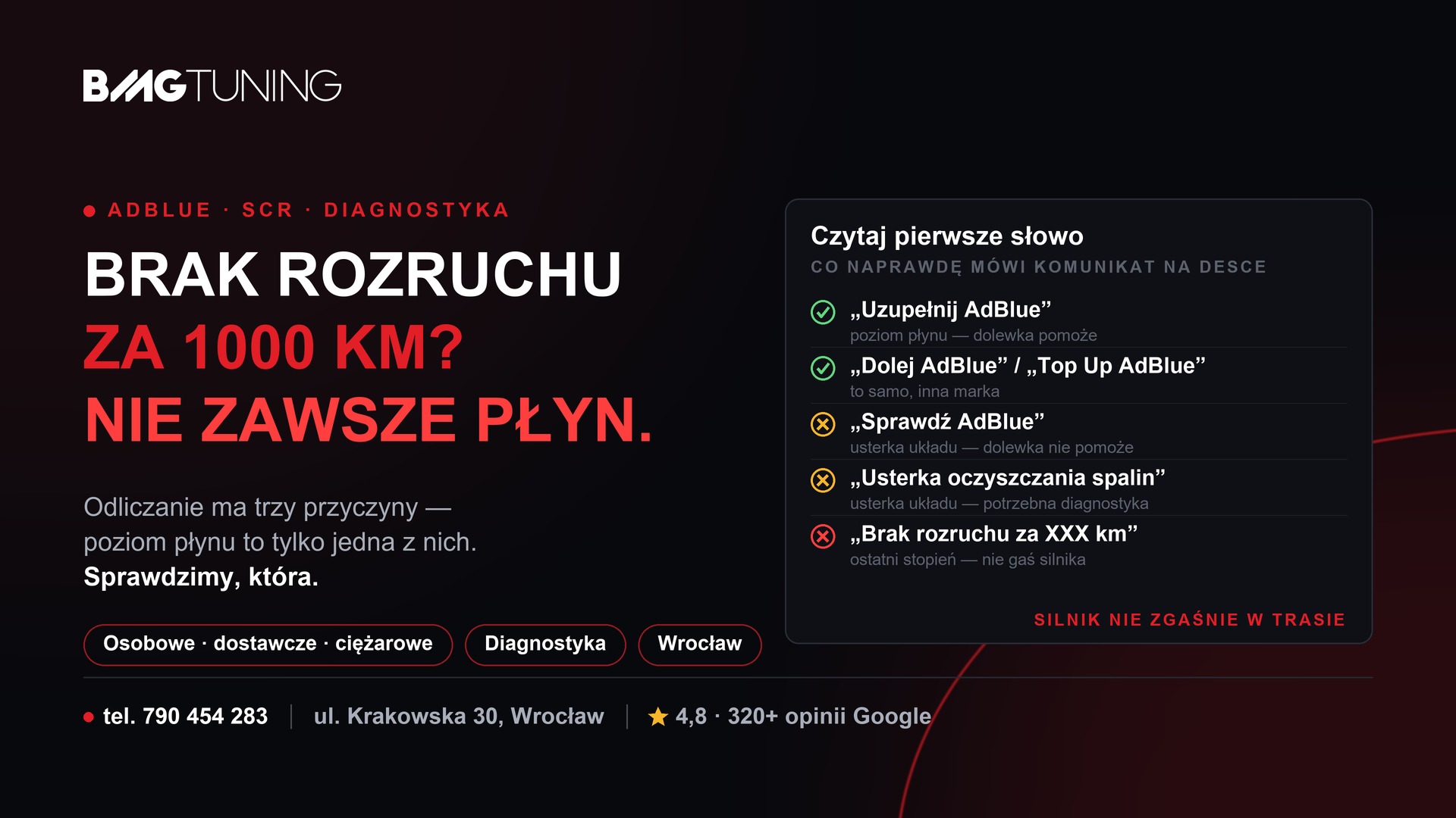 AdBlue — brak rozruchu za 1000 km: co znaczą komunikaty na desce i kiedy dolewka nie pomoże, BMG Tuning Wrocław