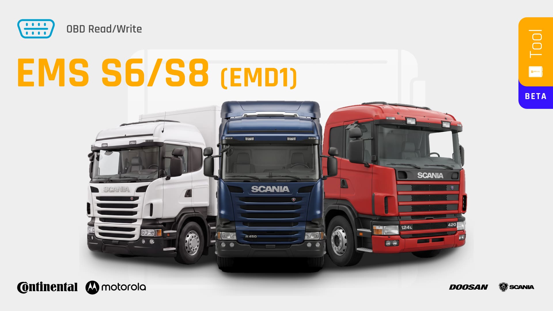 Motorola EMS S6 i Continental EMS S8 w ciężarówkach Scania i maszynach Doosan — odczyt i zapis przez OBD, AutoTuner, BMG Tuning Wrocław