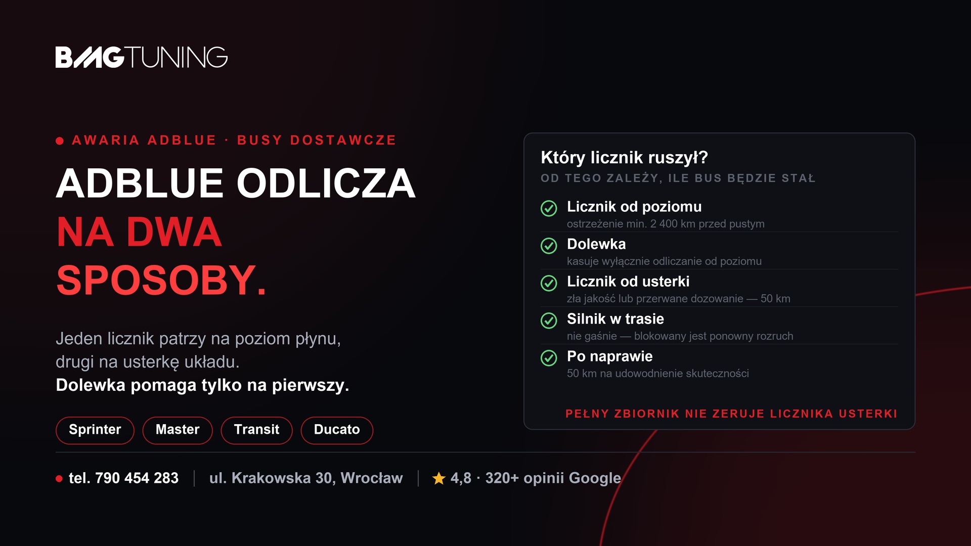 Awaria AdBlue w busie dostawczym — dwa liczniki, poziom płynu i usterka układu, BMG Tuning Wrocław